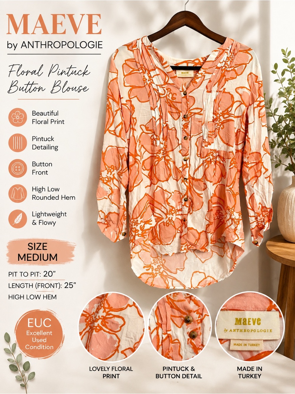 Maeve Anthropologie Floral Pintuck Button Blouse Medium Orange Pink High Low